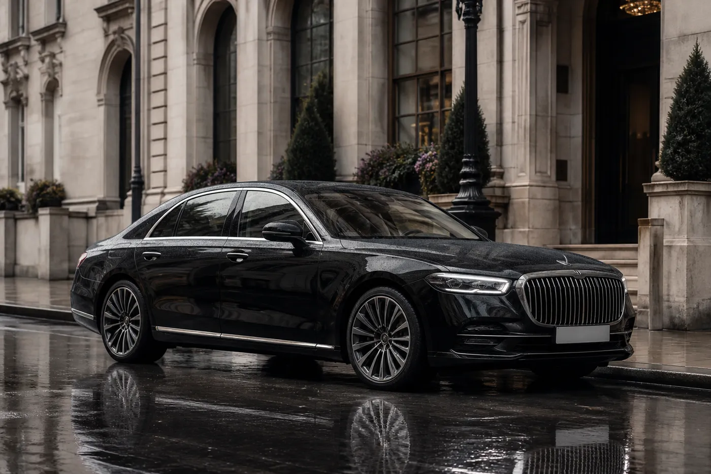 A black saloon waiting at a grand entrance in the rain