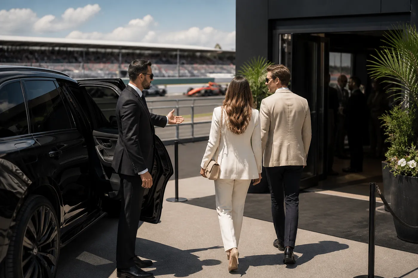 A chauffeur-driven arrival at the circuit on race weekend