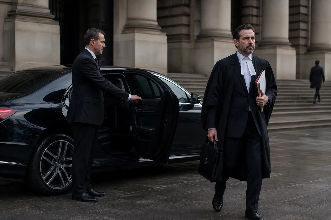 A chauffeur holding the rear door as a client walks to an appointment