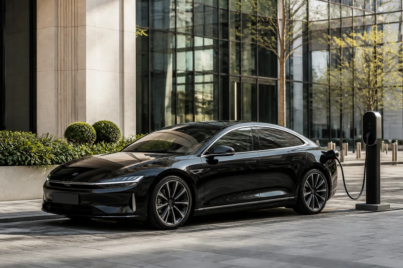 A fully electric saloon waiting outside a City office