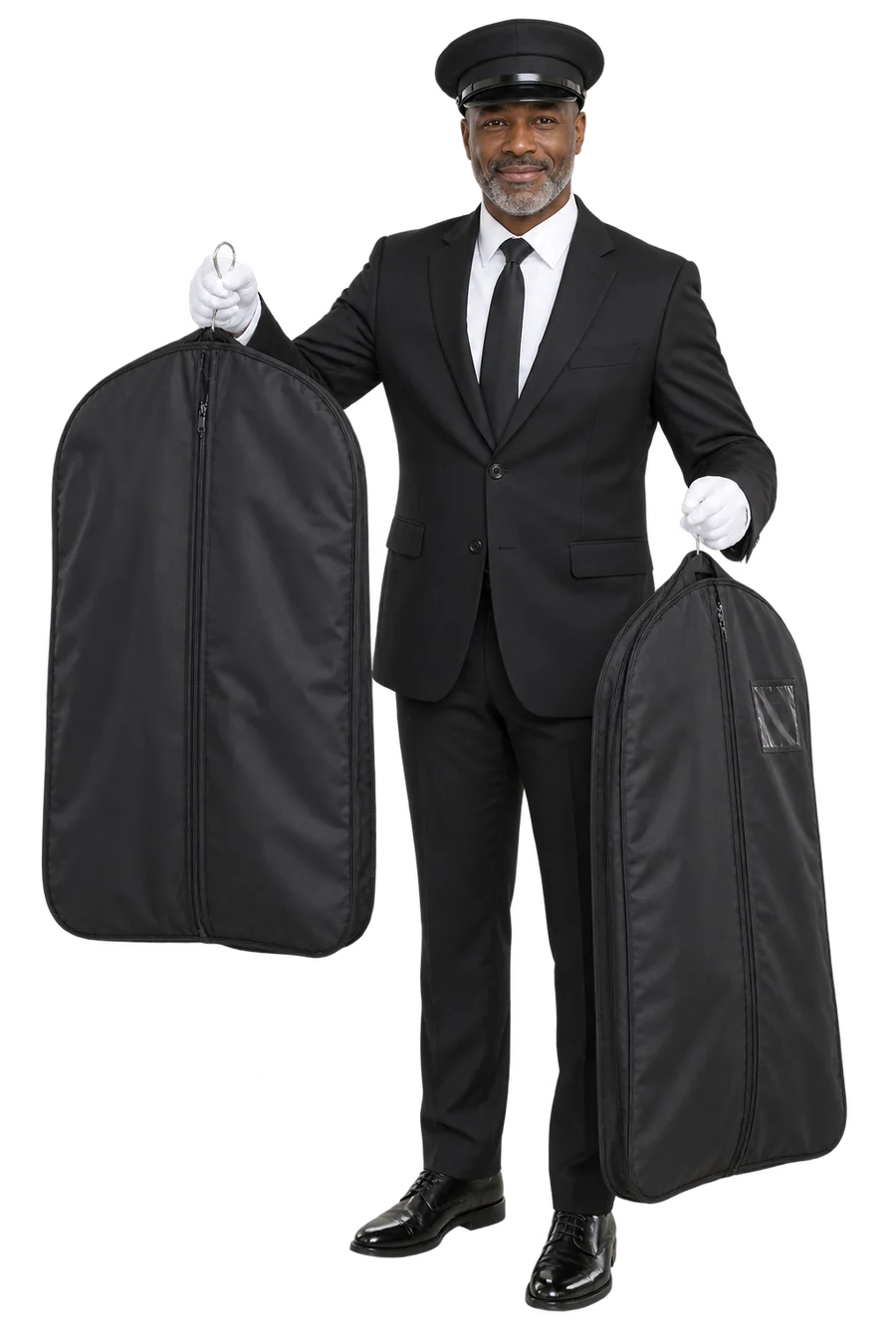A chauffeur carrying garment bags so nothing creases between stops