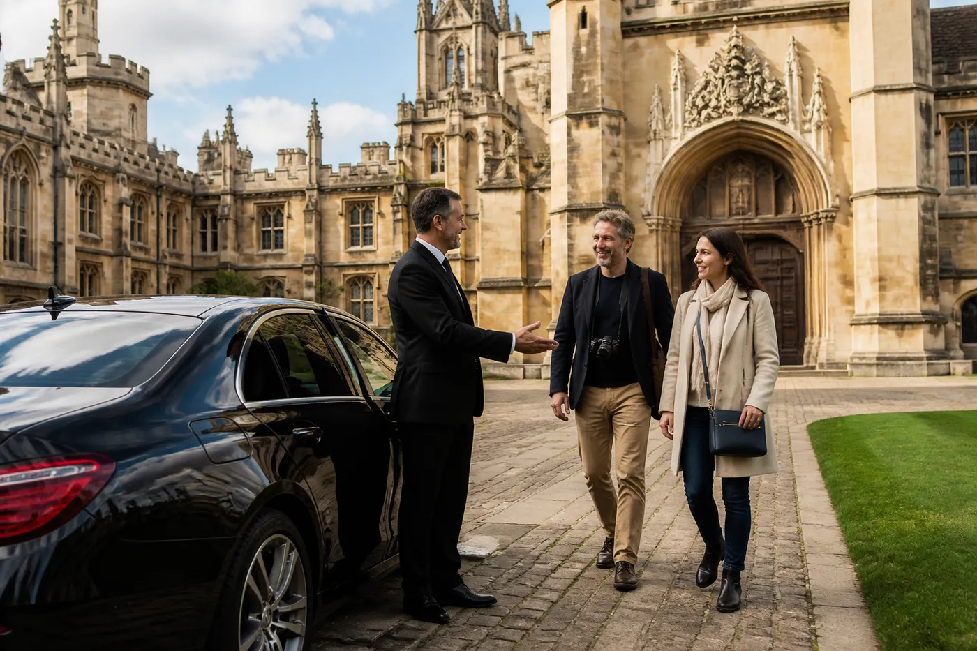 A chauffeur meeting guests in an Oxford quadrangle