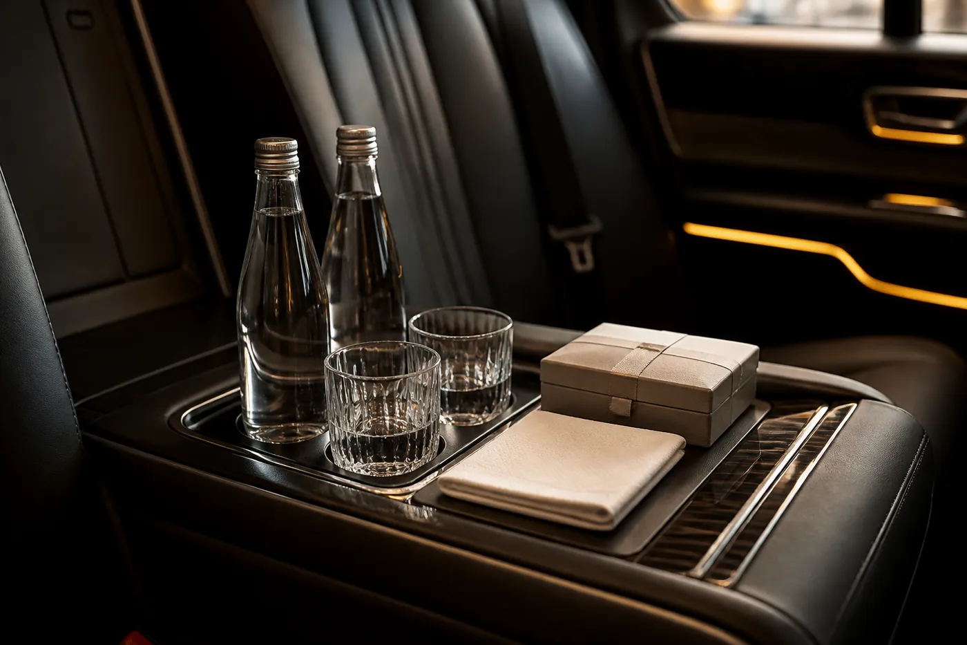 Still water and glasses set out in the rear compartment