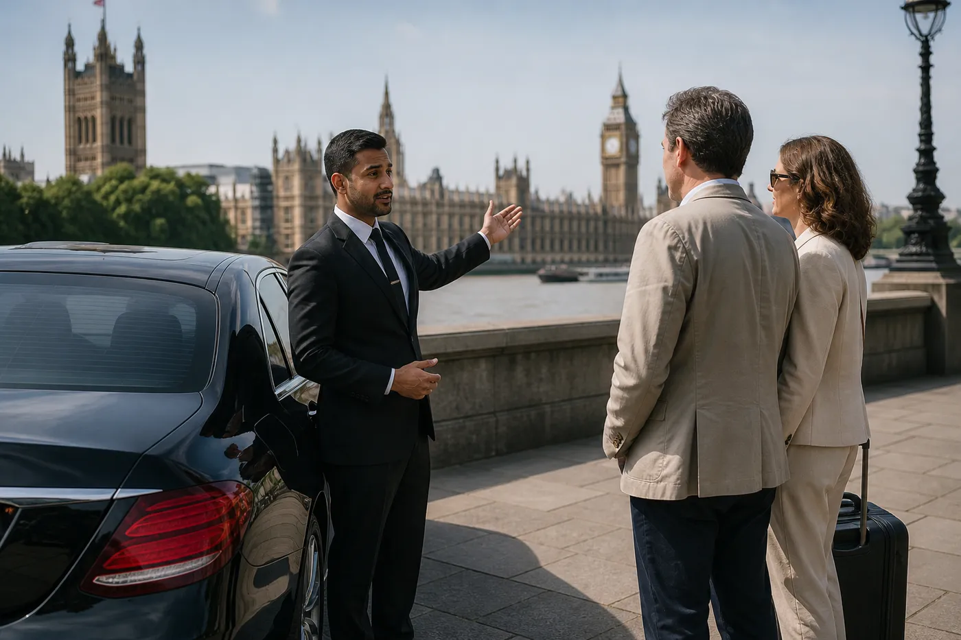 A chauffeur beside the car on the riverside opposite the Palace of Westminster